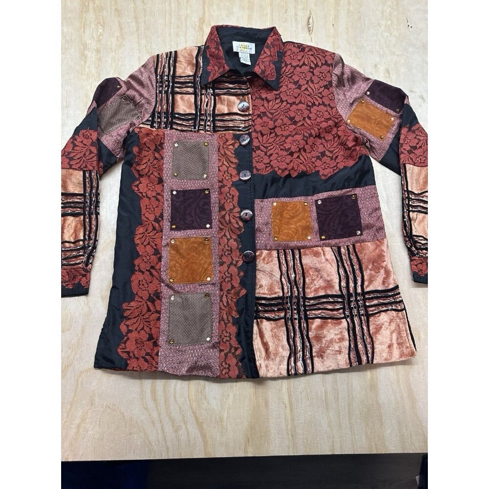VTG Sandy Starkman Womans Blazer Patchwork Boho Wear Art M Velvet Lace Eclectic